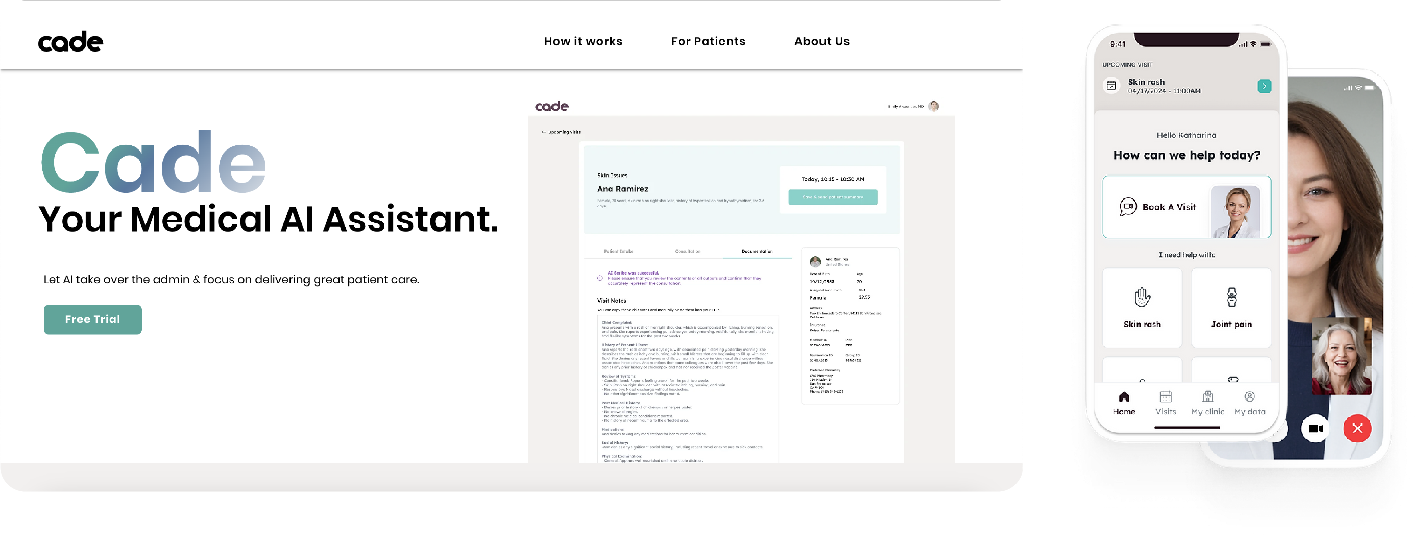 Screens from the Cade medical AI assistant platform